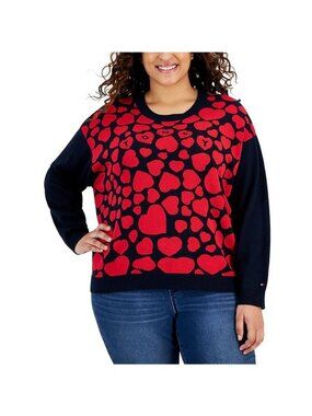 Tommy Hilfiger Women Heart Crewneck Sweater 0X Plus Size Navy Red Logo Knit